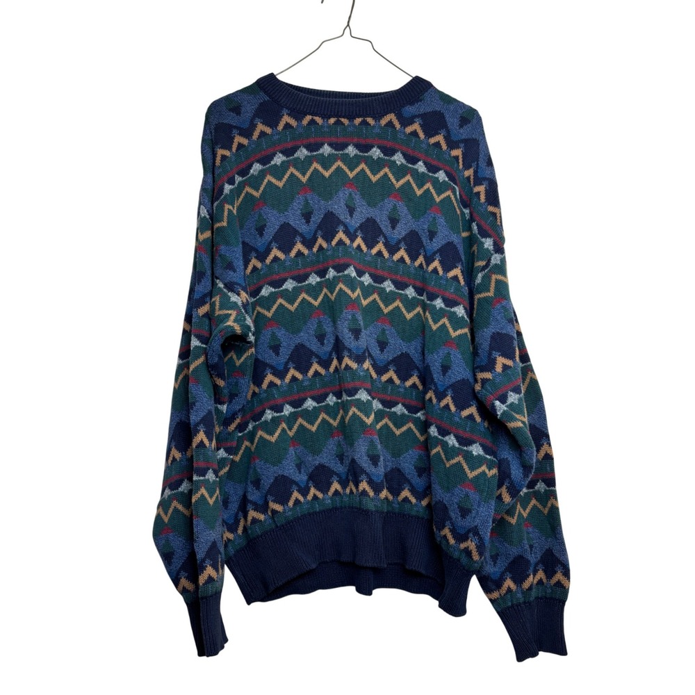 Vintage Mens Large L Cotton Geometric Knit Sweater USA Grandpa Eclectic Blue